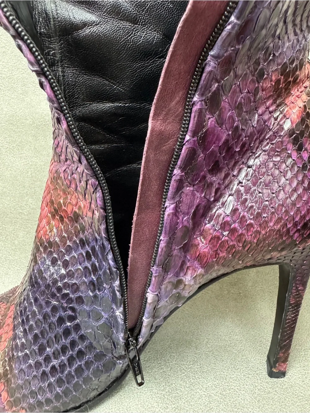 Mario Valentino Purple & Red Snakeskin Pointed-Toe Ankle Boots